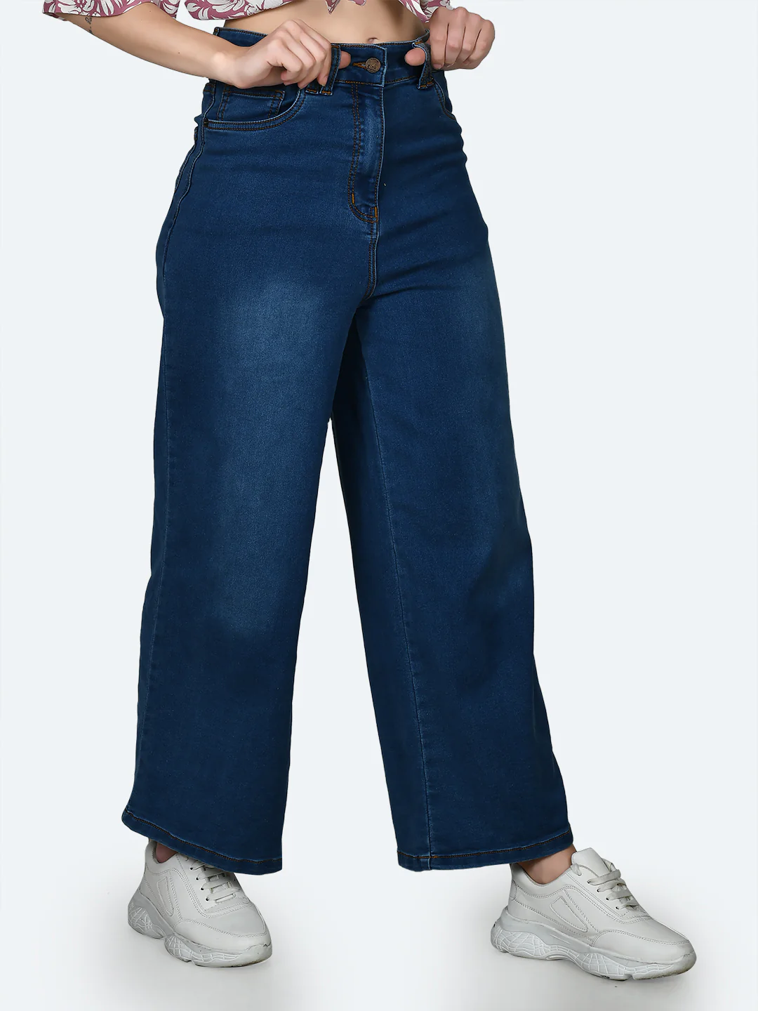 Blue Solid Wide Leg Jeans - Image 3