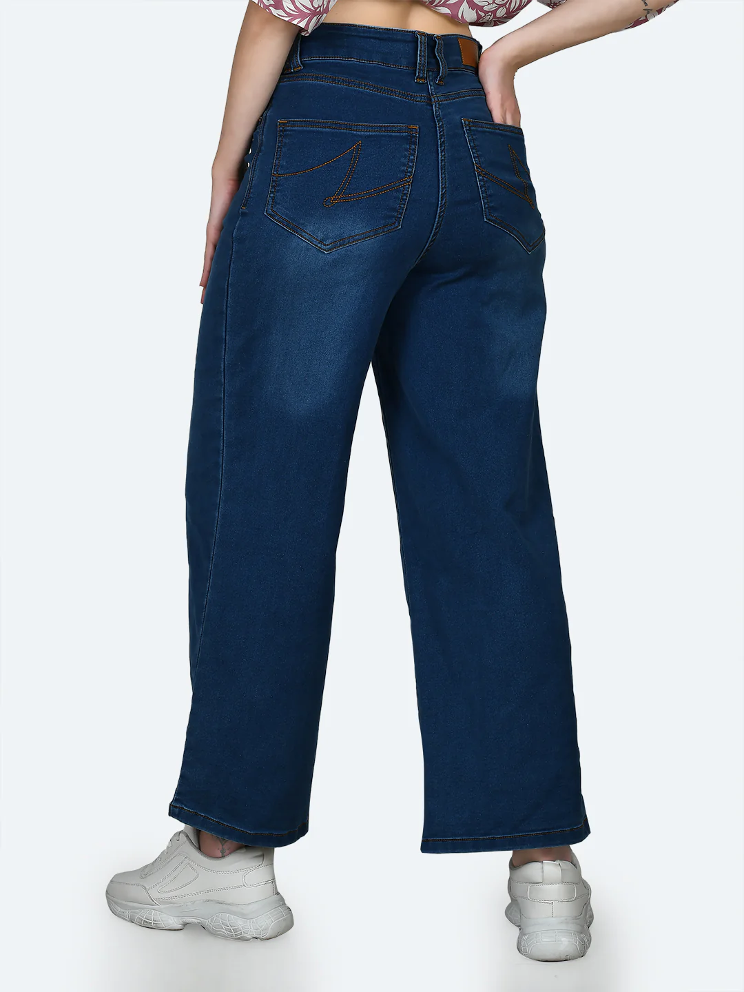 Blue Solid Wide Leg Jeans - Image 4
