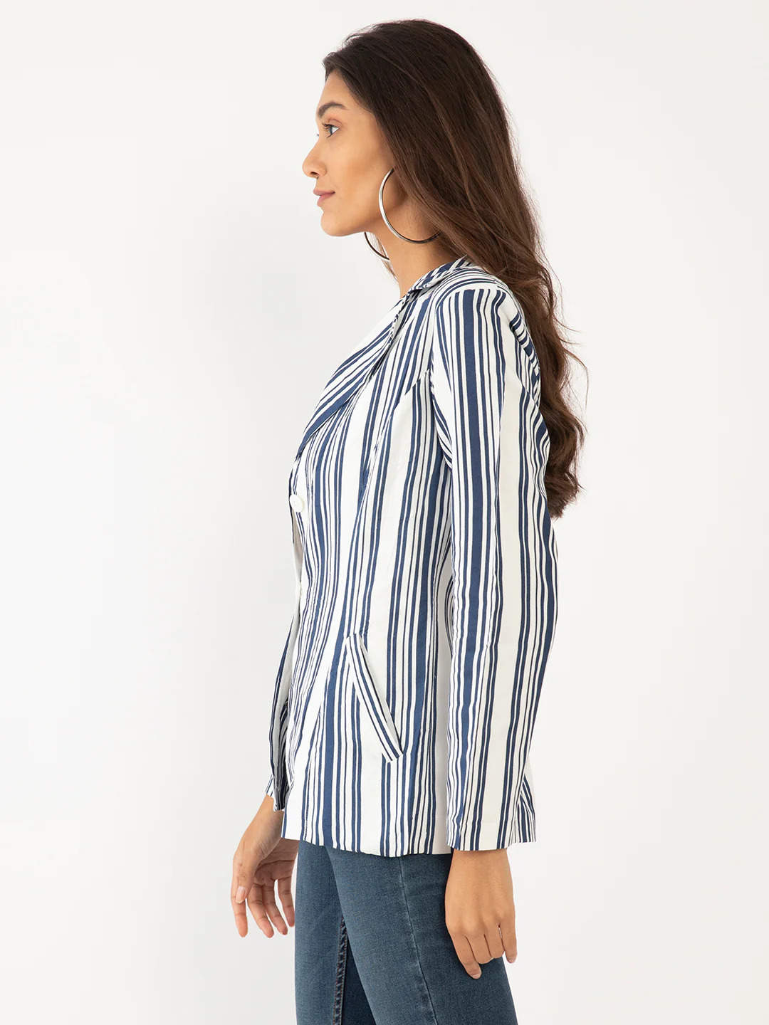 Blue & White Striped Full Sleeve Jacket - Image 3