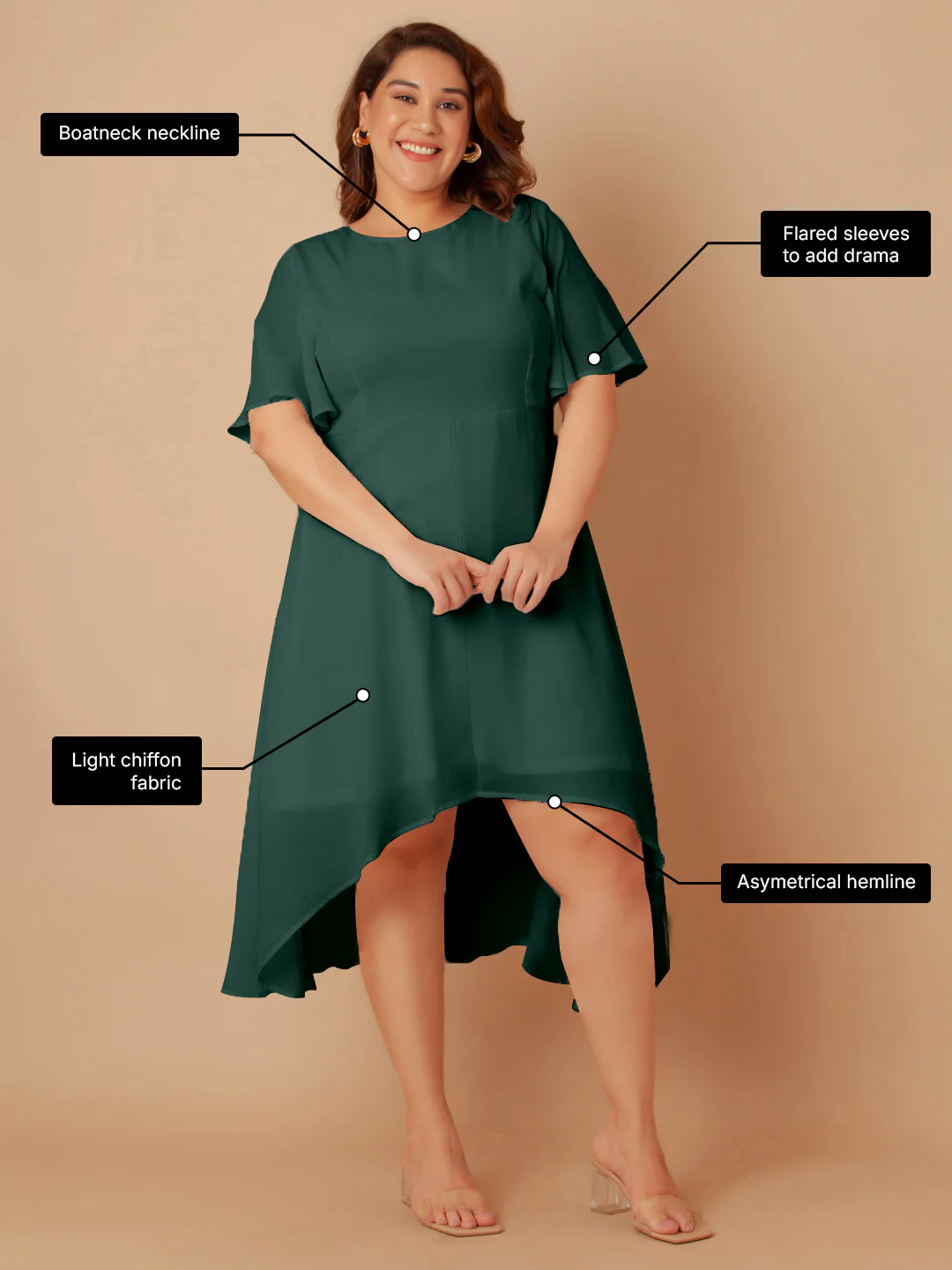 Bottle Green Solid Flared Midi Dress - Image 3