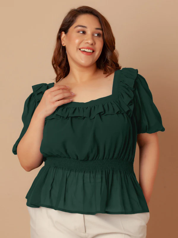 Bottle Green Solid Peplum Top - Image 2