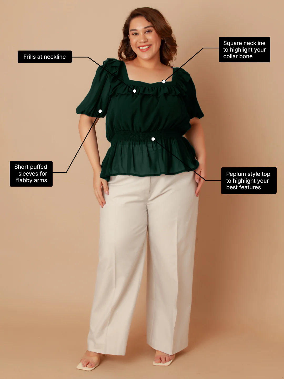 Bottle Green Solid Peplum Top - Image 3