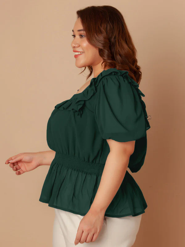 Bottle Green Solid Peplum Top - Image 4