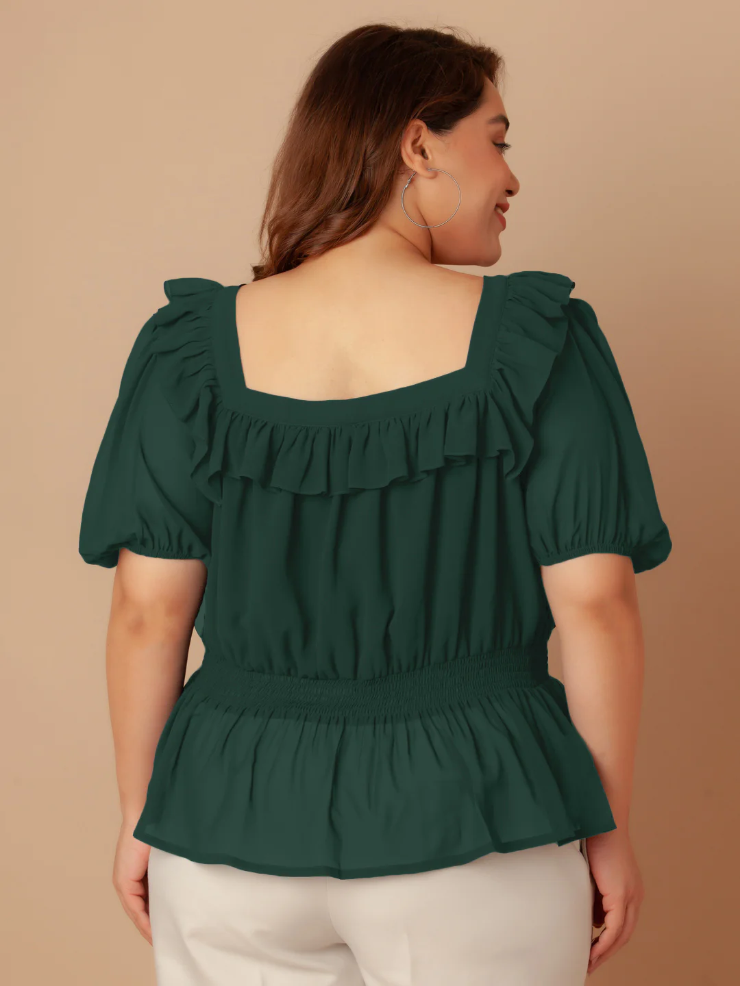 Bottle Green Solid Peplum Top - Image 6