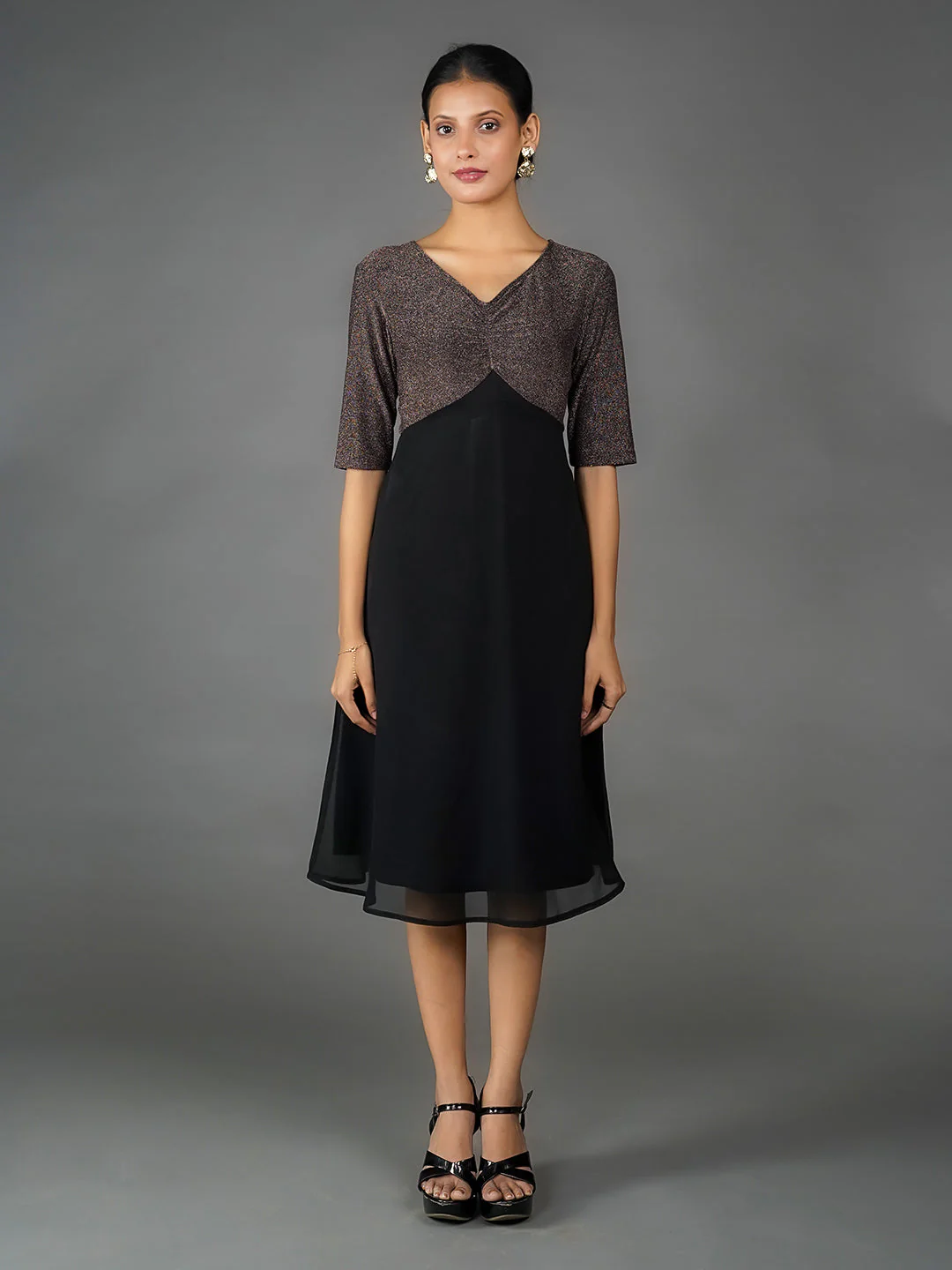 Bronze Solid Shimmer A Line Midi Dress - Image 2
