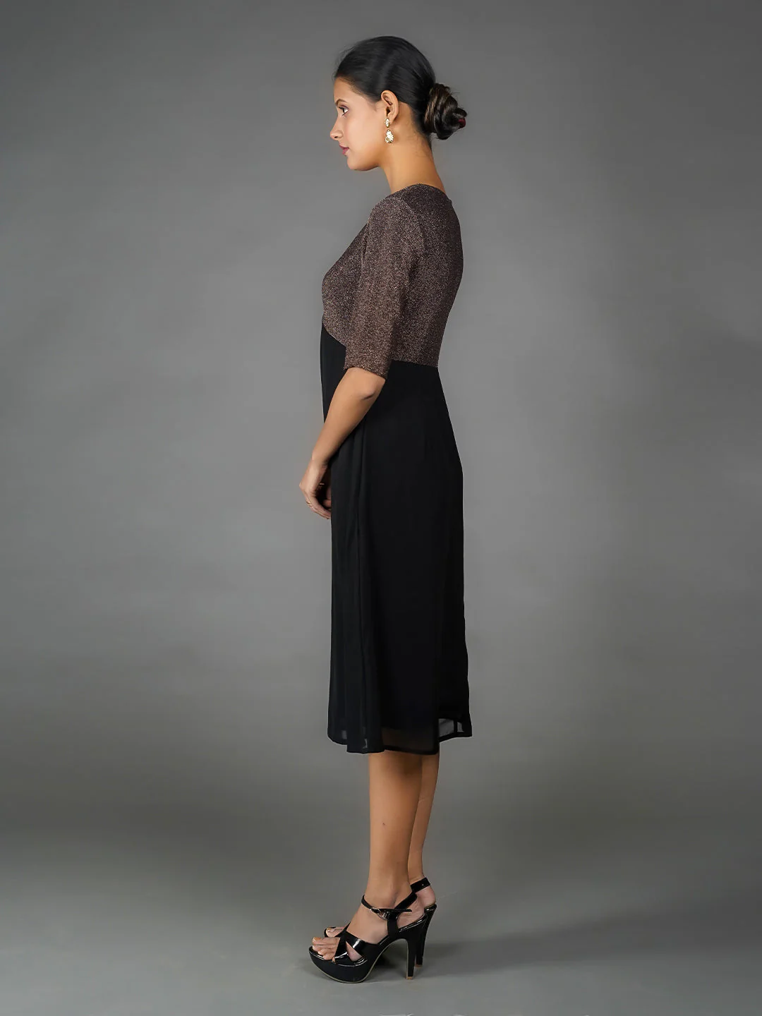 Bronze Solid Shimmer A Line Midi Dress - Image 3