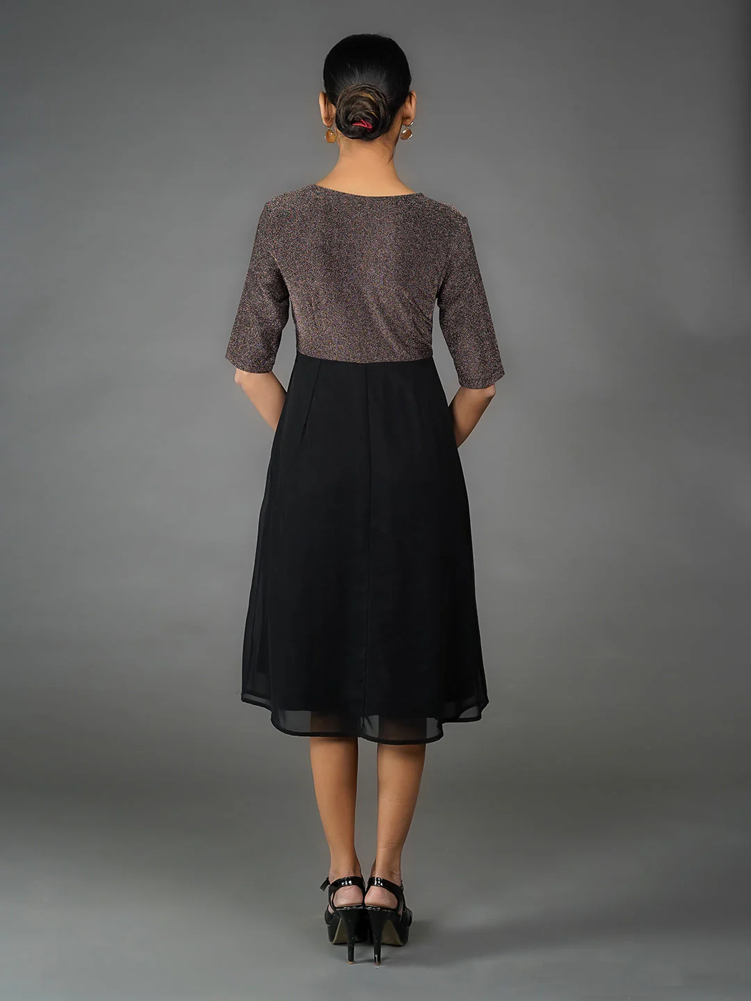 Bronze Solid Shimmer A Line Midi Dress - Image 4