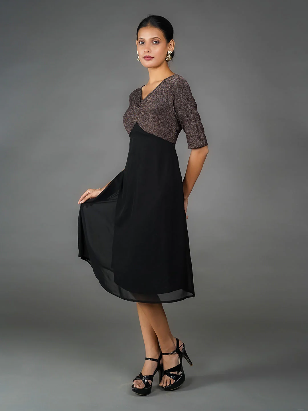 Bronze Solid Shimmer A Line Midi Dress - Image 5