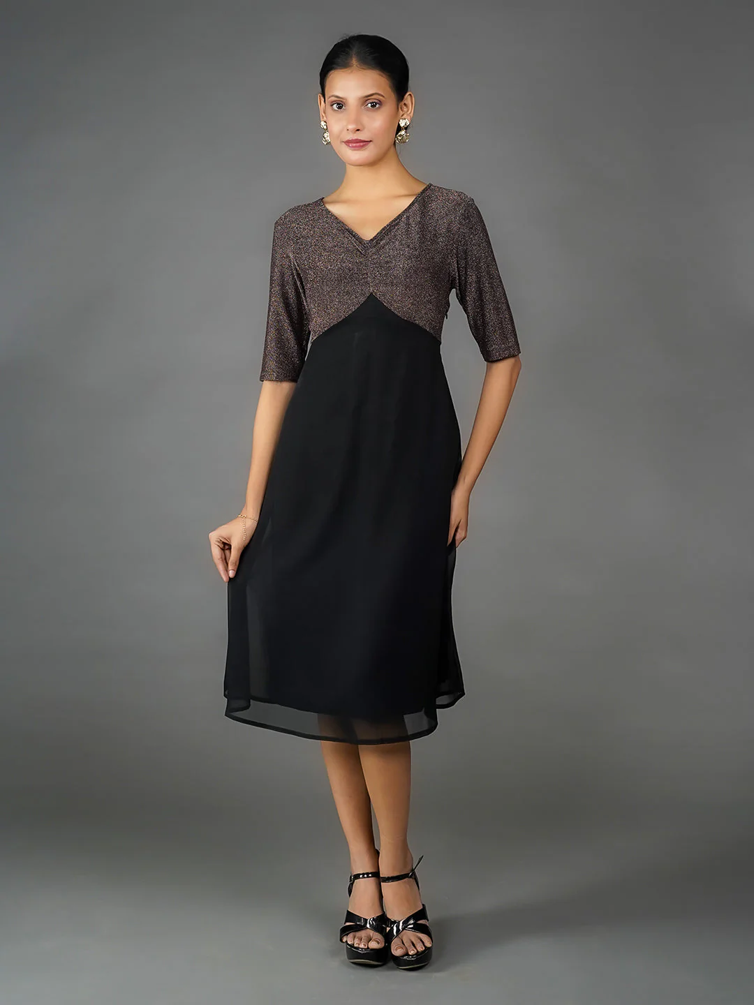 Bronze Solid Shimmer A Line Midi Dress - Image 6