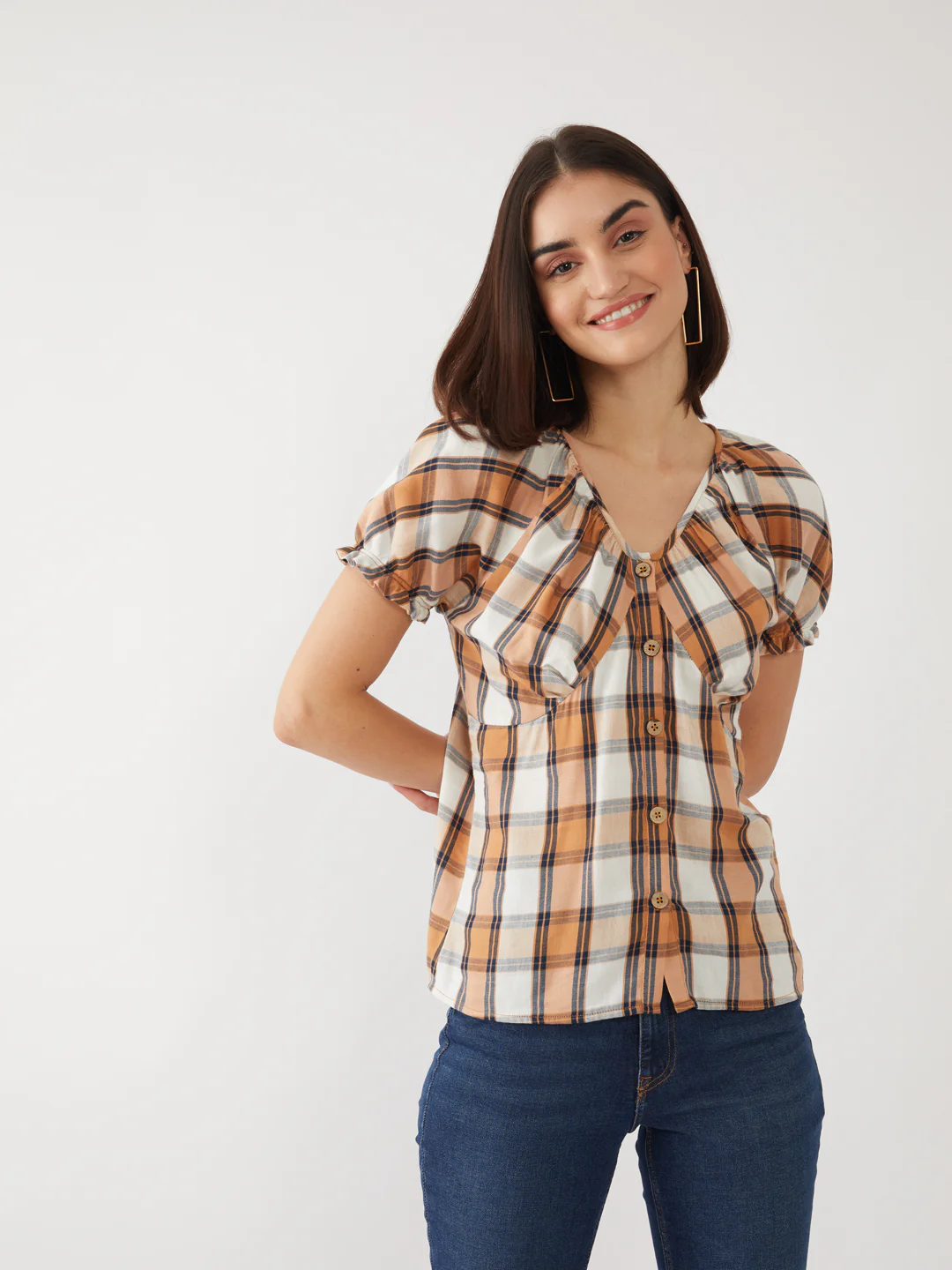 Brown Checked Puff Sleeve Top - Image 2