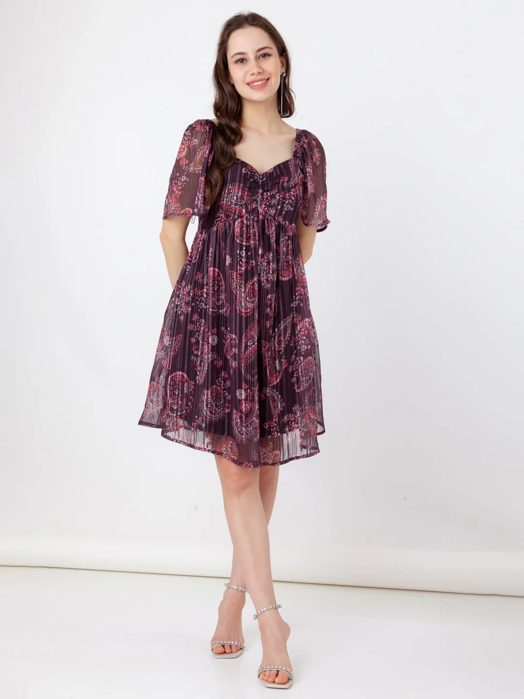 Brown Printed Flared Short Dress