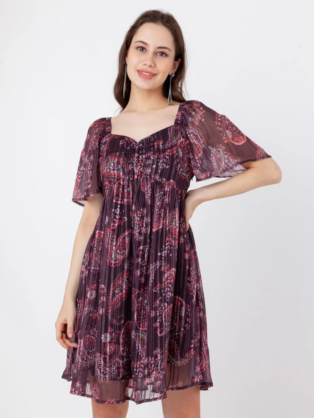 Brown Printed Flared Short Dress - Image 2
