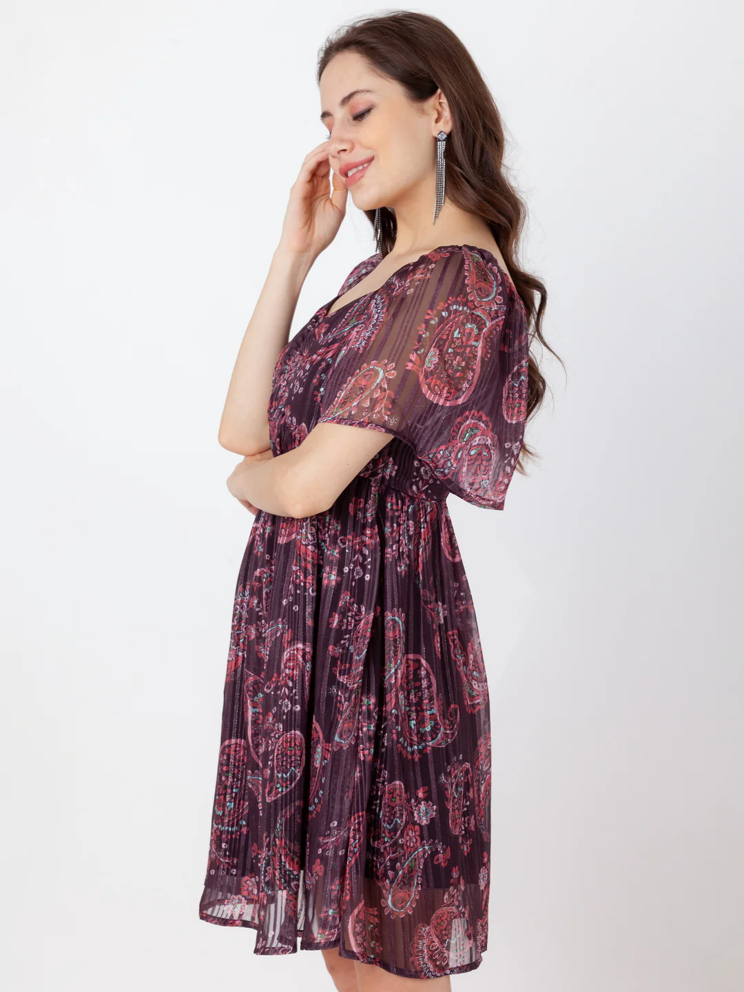 Brown Printed Flared Short Dress - Image 3