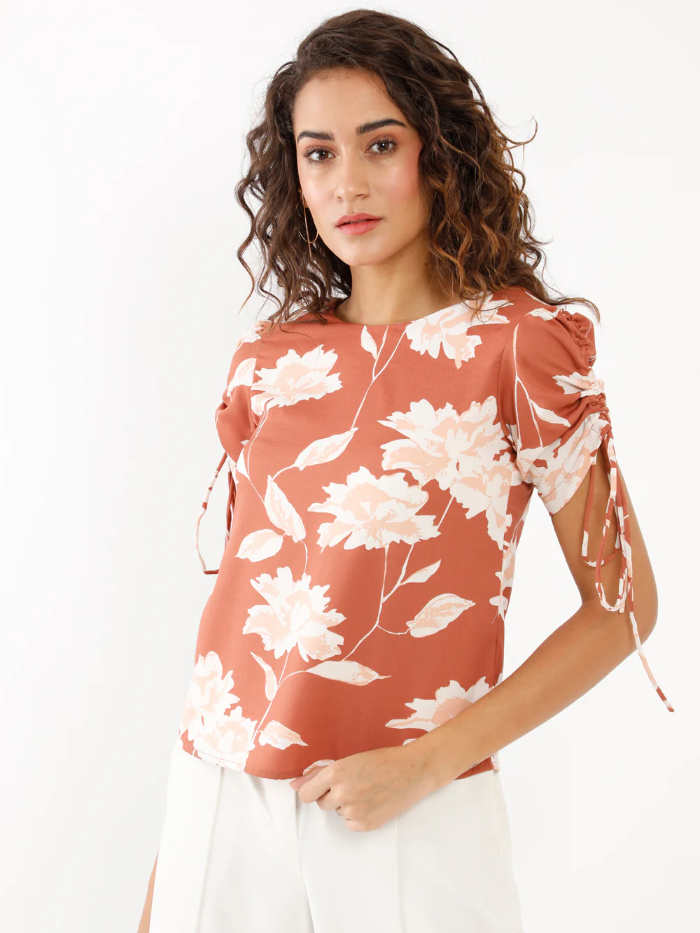 Brown Printed Puff Sleeve Top - Image 2