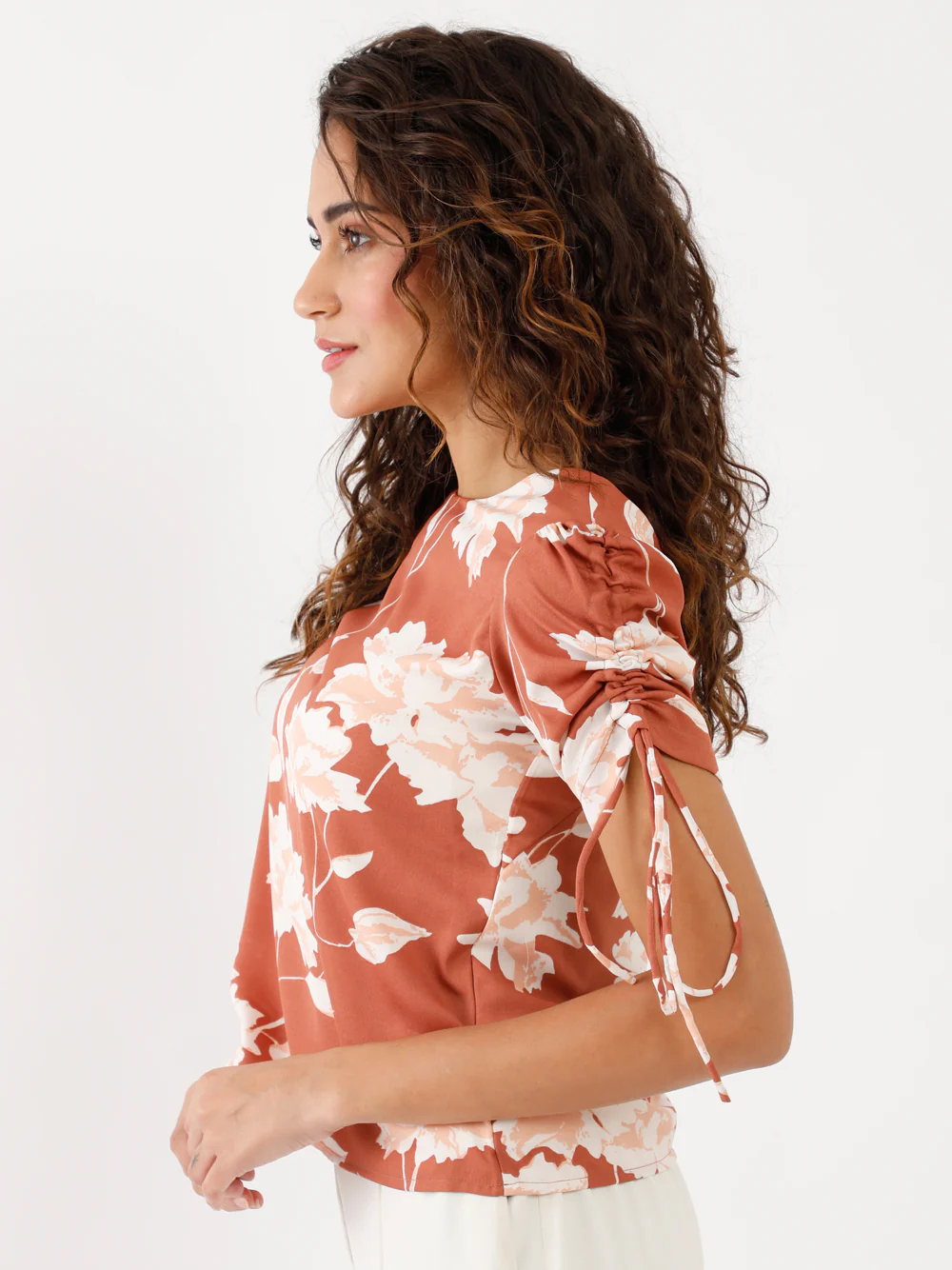 Brown Printed Puff Sleeve Top - Image 3