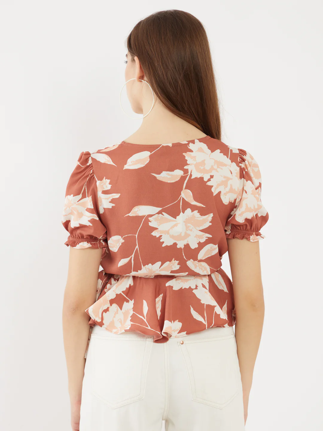 Brown Printed Puff Sleeve Top - Image 2