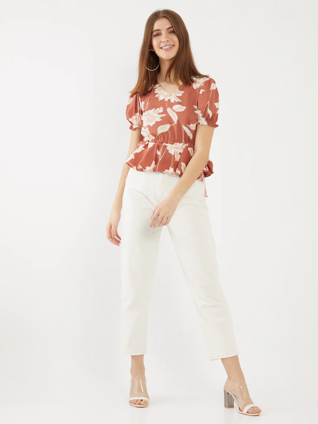 Brown Printed Puff Sleeve Top - Image 3