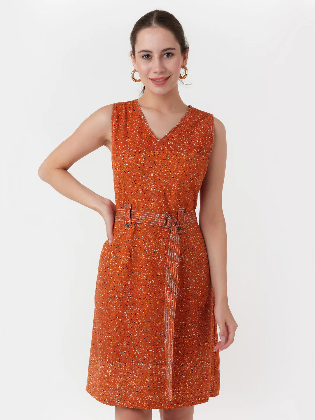 Brown Printed Regular Short Dress - Image 2