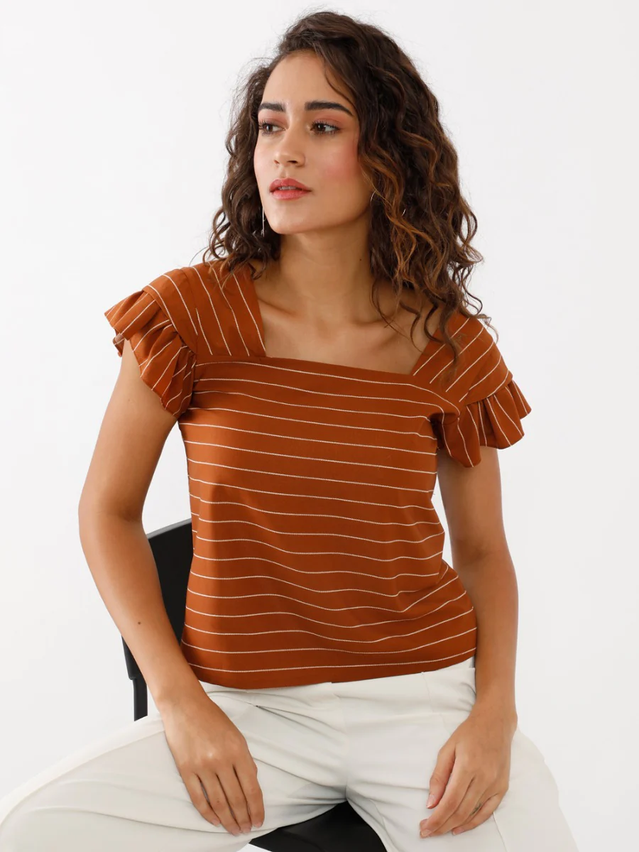 Brown Printed Ruffled Top - Image 4