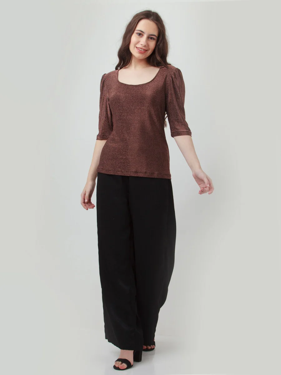 Brown Shimmer Puff Sleeve Top - Image 2