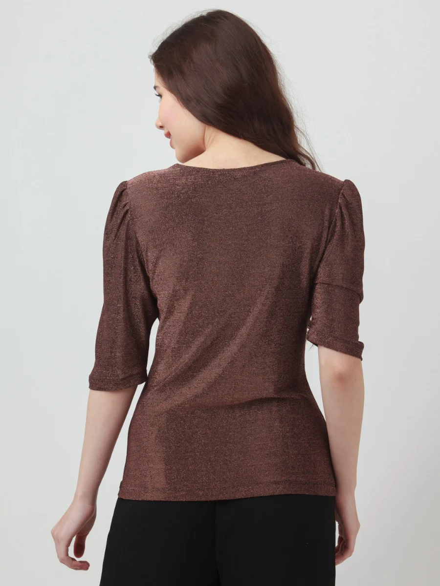 Brown Shimmer Puff Sleeve Top - Image 3