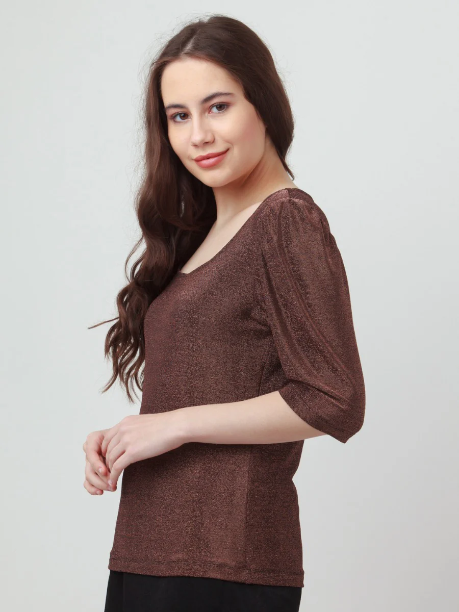 Brown Shimmer Puff Sleeve Top - Image 4