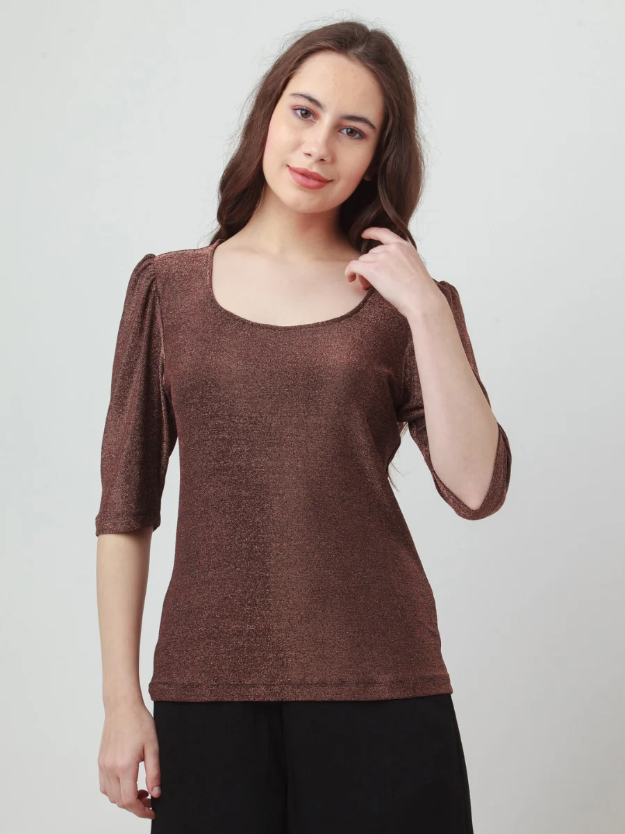 Brown Shimmer Puff Sleeve Top - Image 5