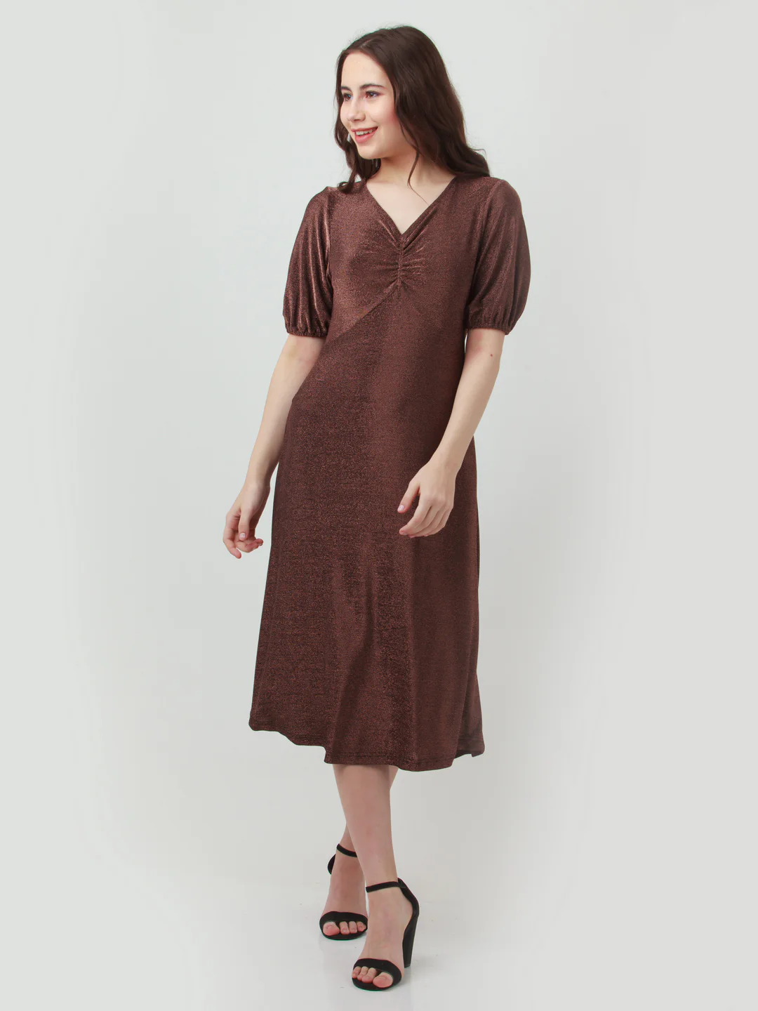 Brown Shimmer Ruched Midi Dress