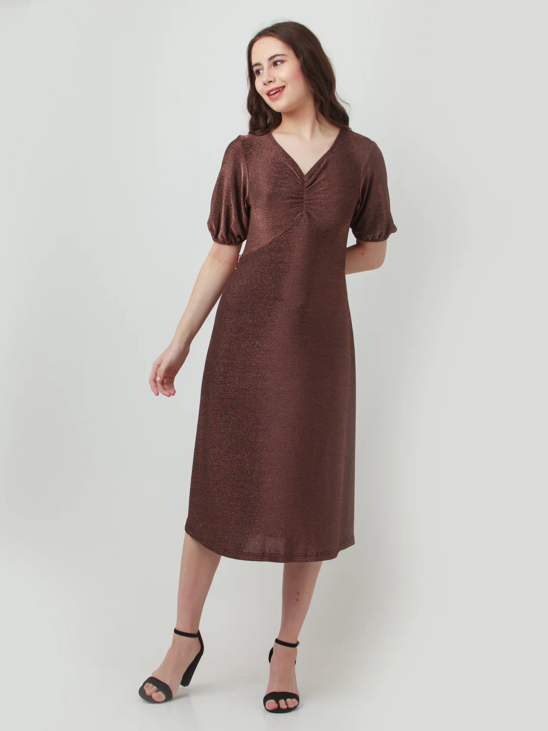 Brown Shimmer Ruched Midi Dress - Image 2