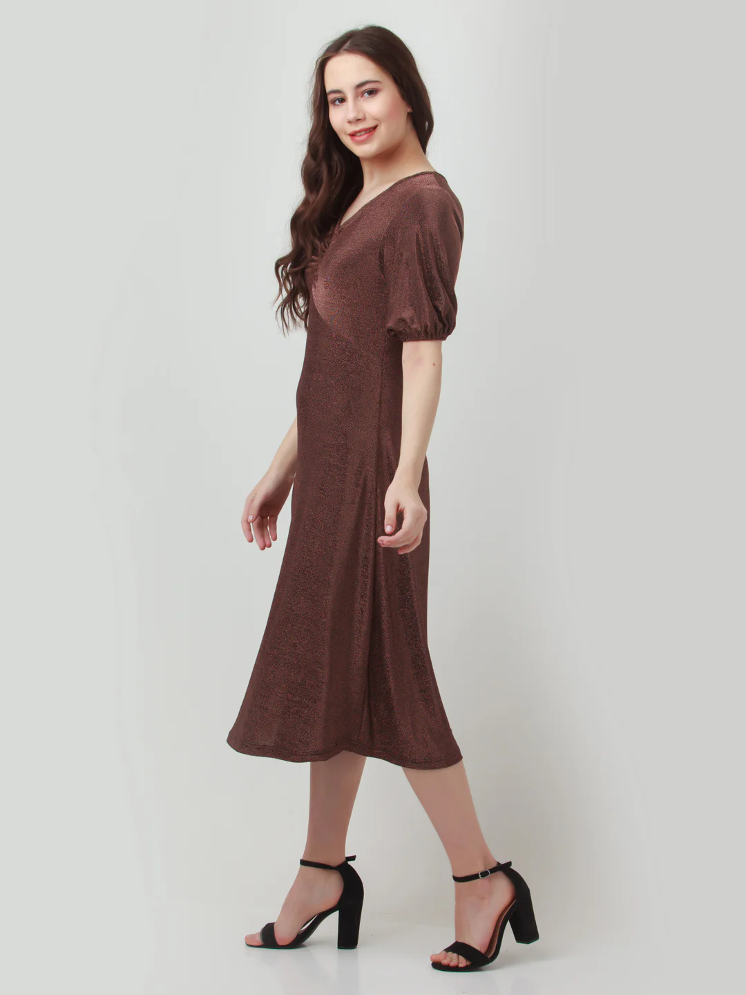 Brown Shimmer Ruched Midi Dress - Image 3