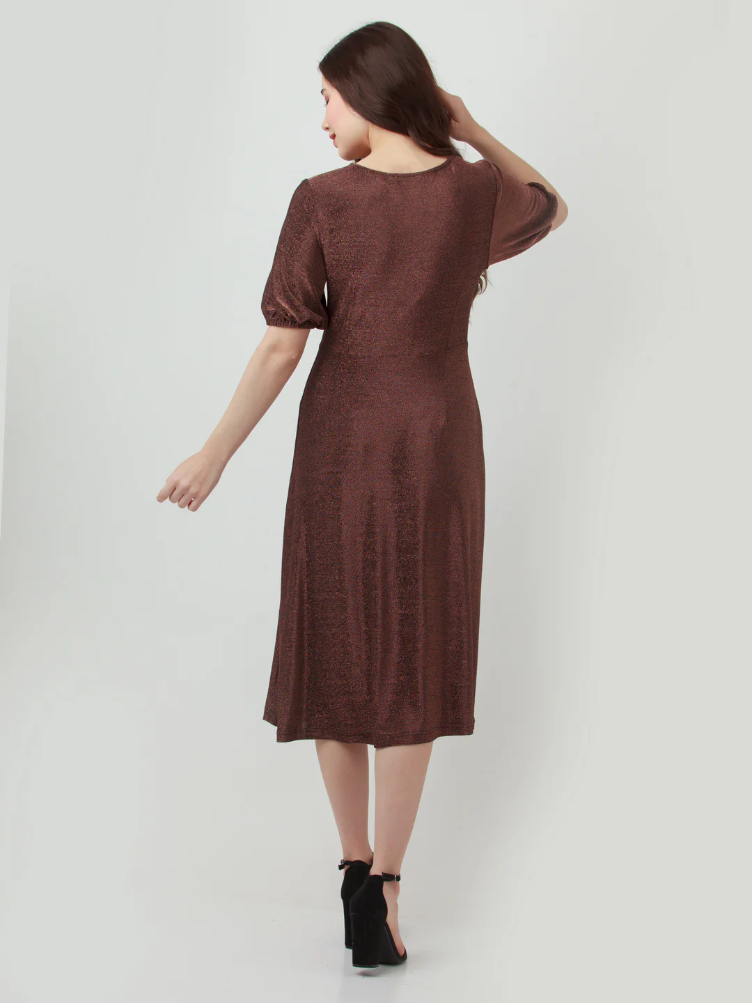 Brown Shimmer Ruched Midi Dress - Image 4