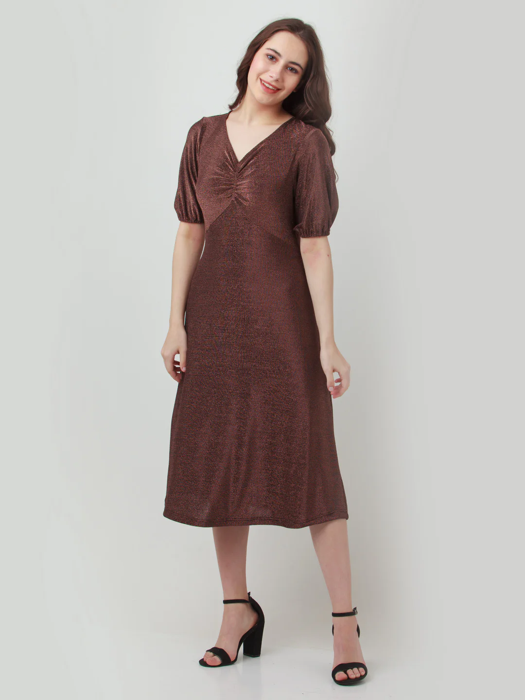 Brown Shimmer Ruched Midi Dress - Image 5
