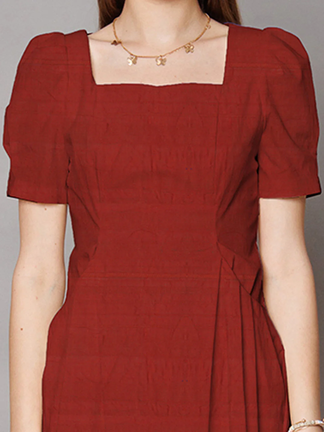 Brown Solid A-Line Midi Dress - Image 2
