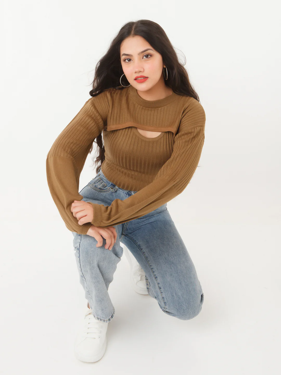 Brown Solid Cut Out Sweater