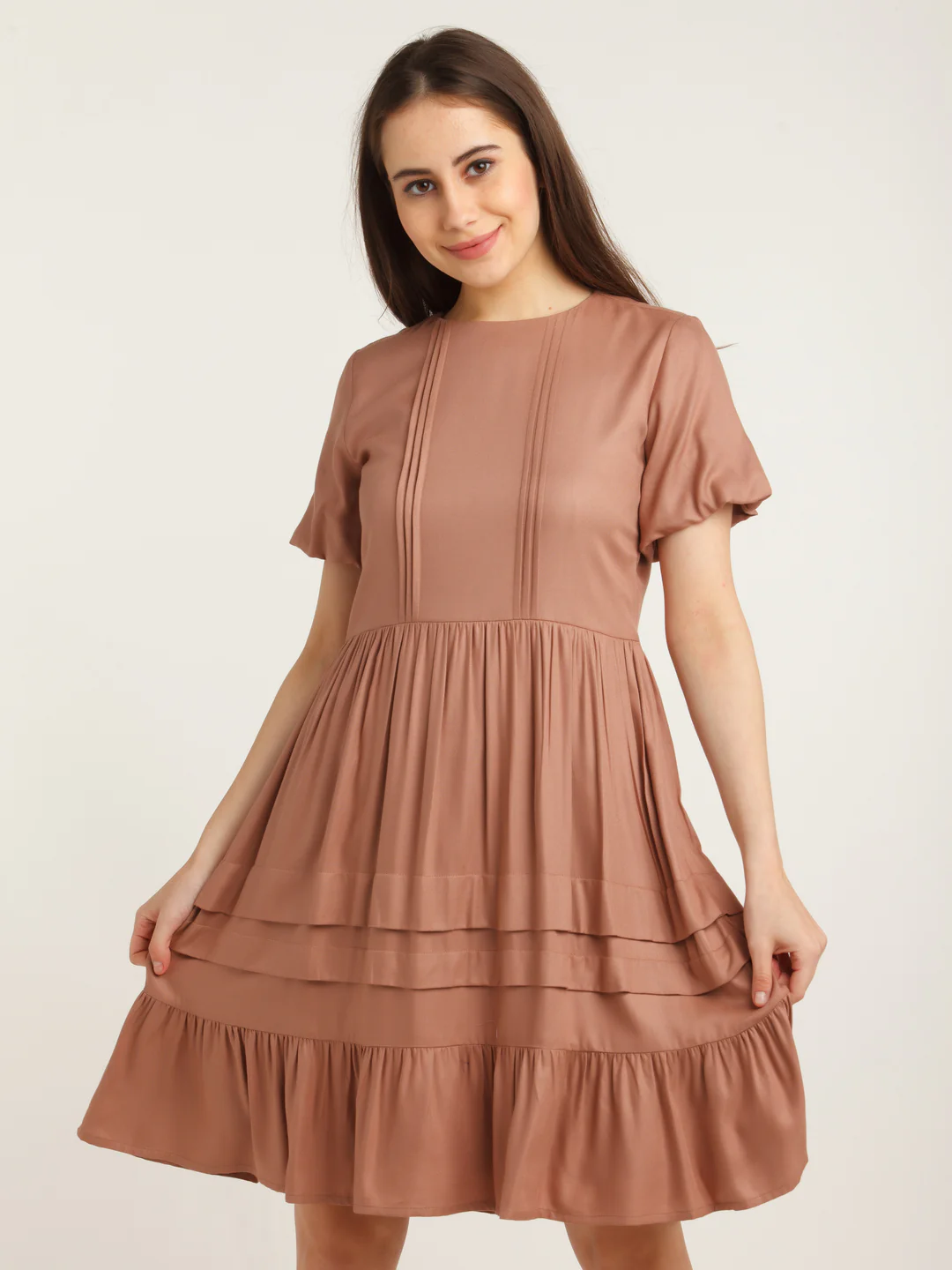 Brown Solid Pleated Short Dress - Image 2