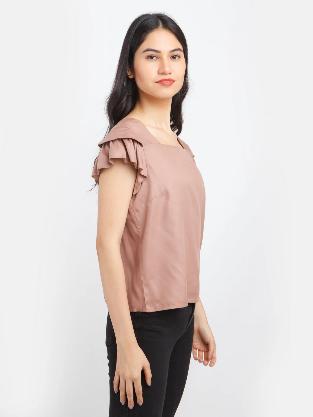 Brown Solid Ruffled Top - Image 3