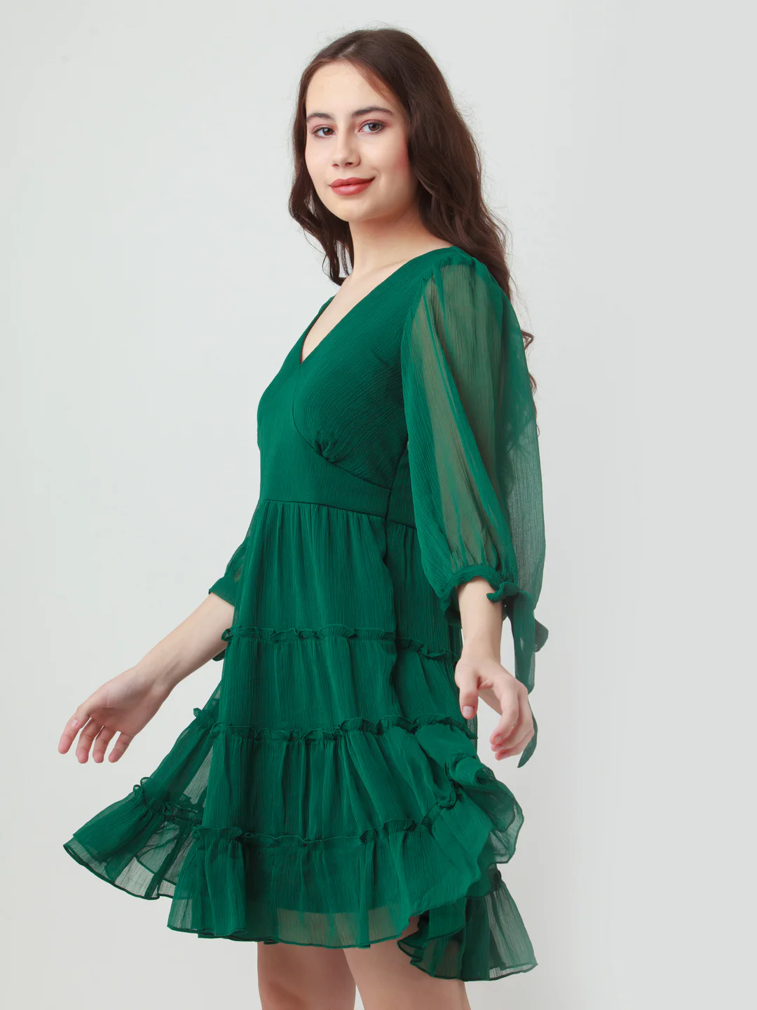 Green Solid Tiered Short Dress - Image 3