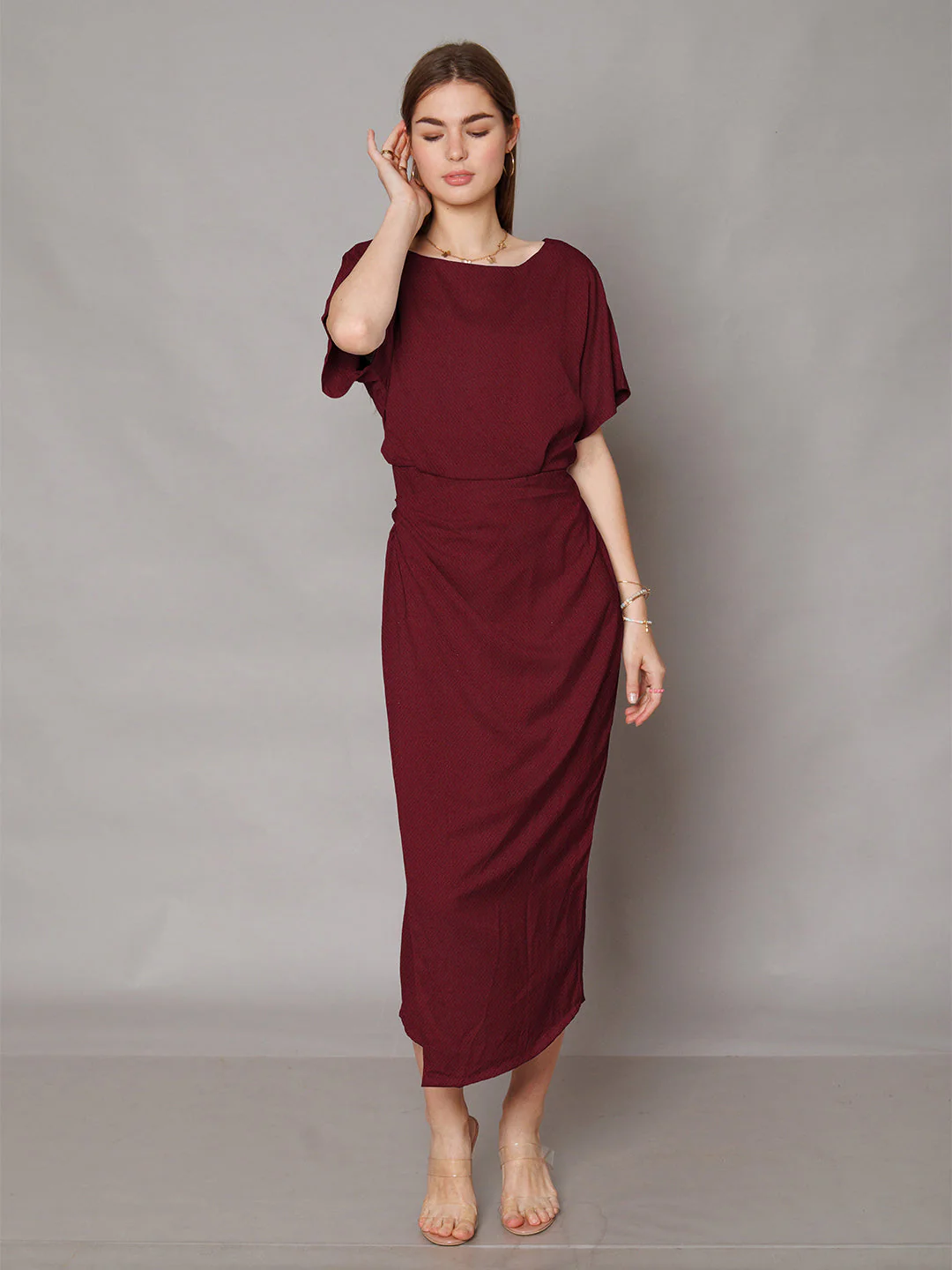 Brown Solid Waist Tie-Up Maxi Dress