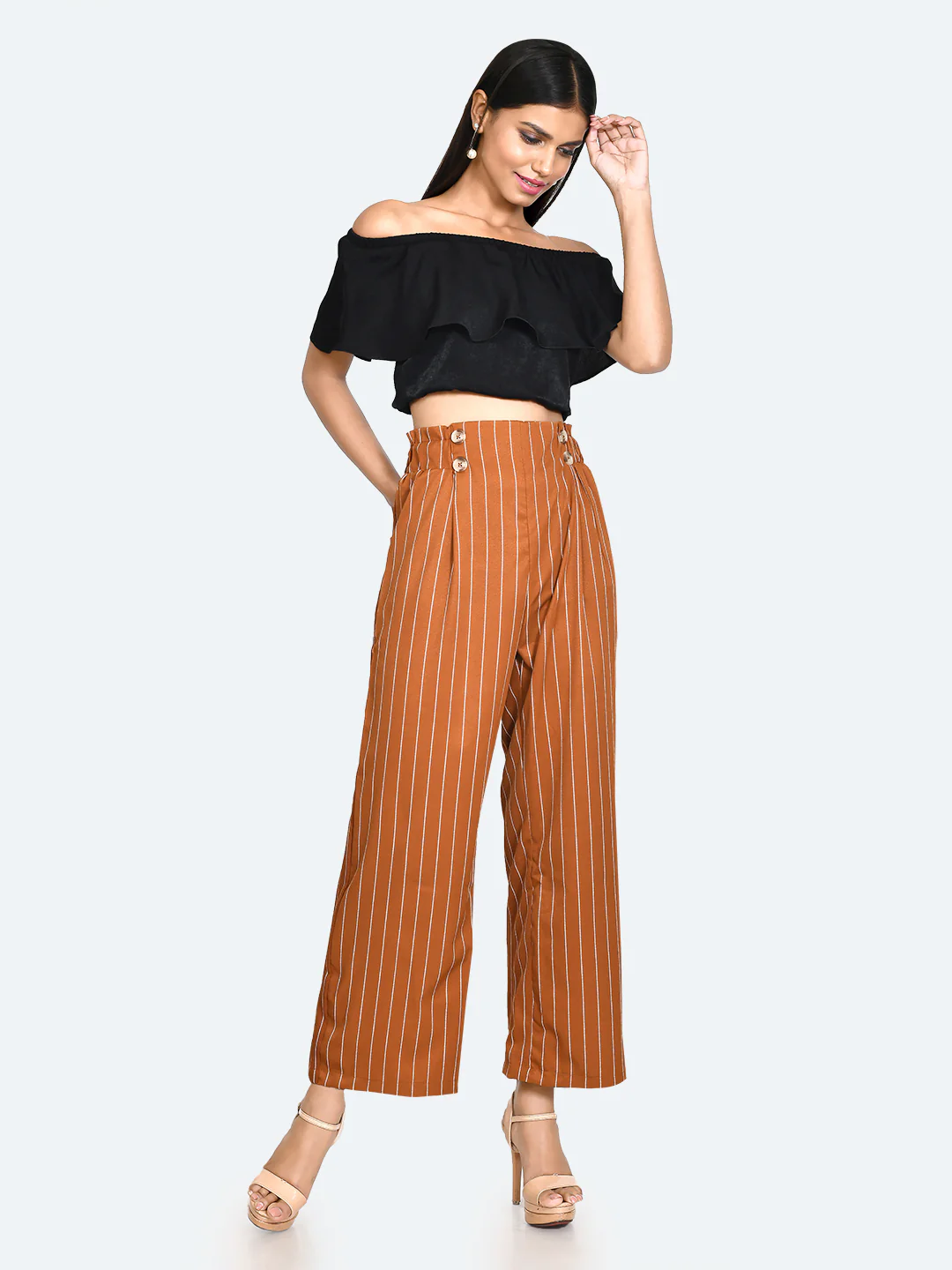 Brown Striped Half-Elasticated Pleated Trouser