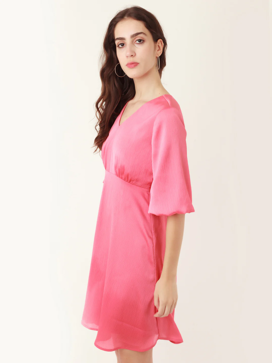 Coral Solid A-Line Short Dress - Image 3