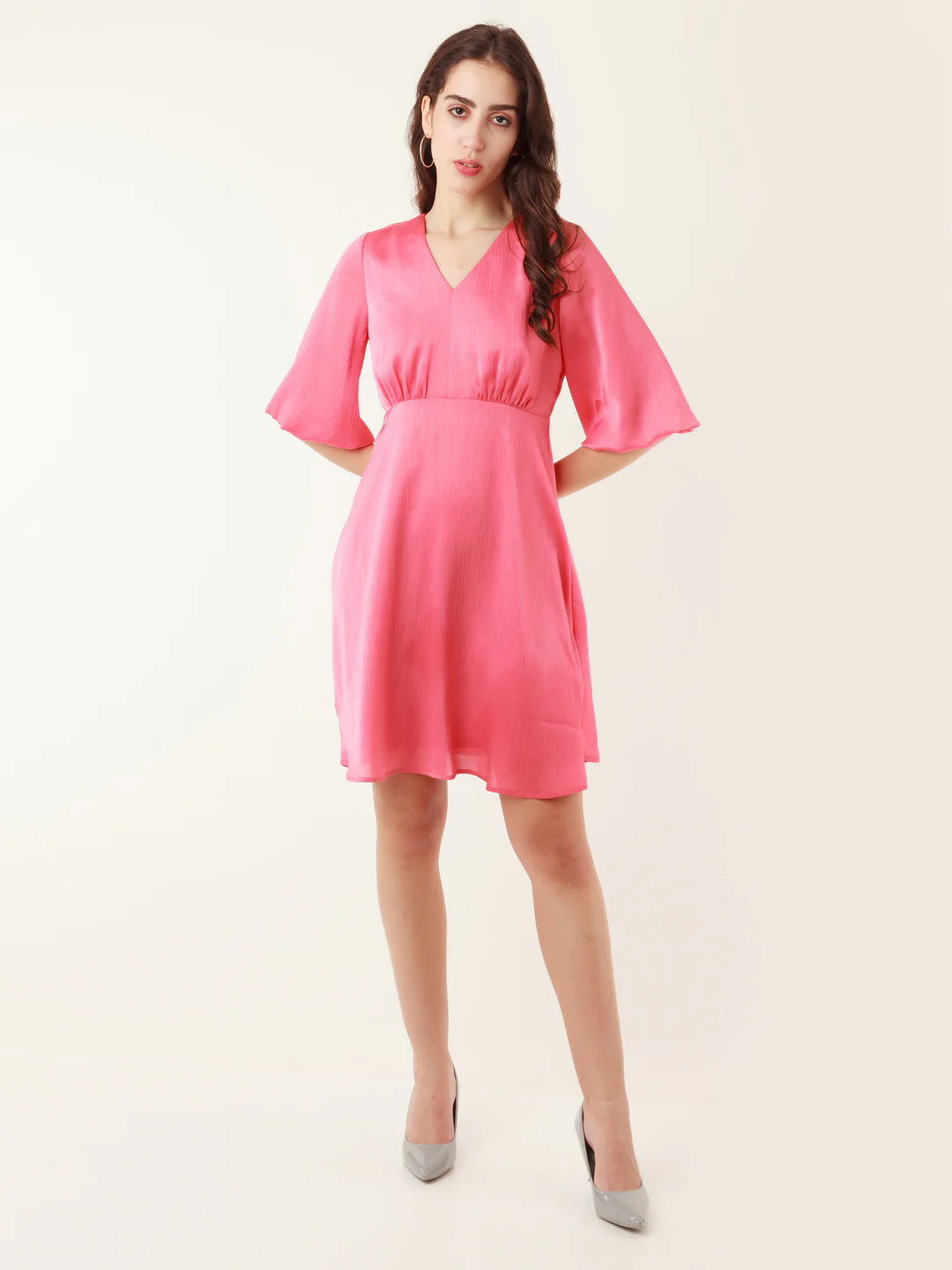 Coral Solid A-Line Short Dress - Image 5