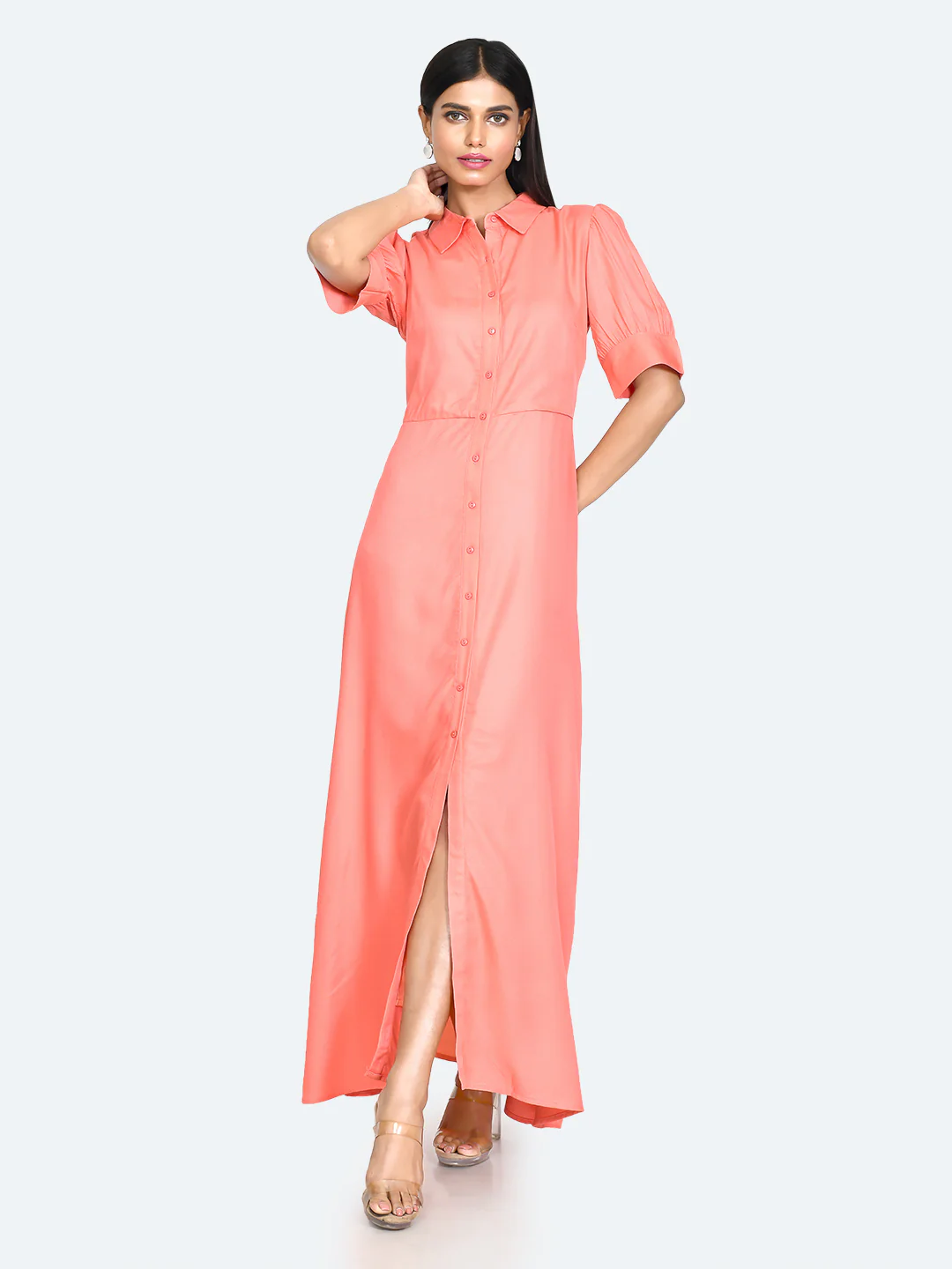 Coral Solid Buttoned Maxi Dress - Image 2