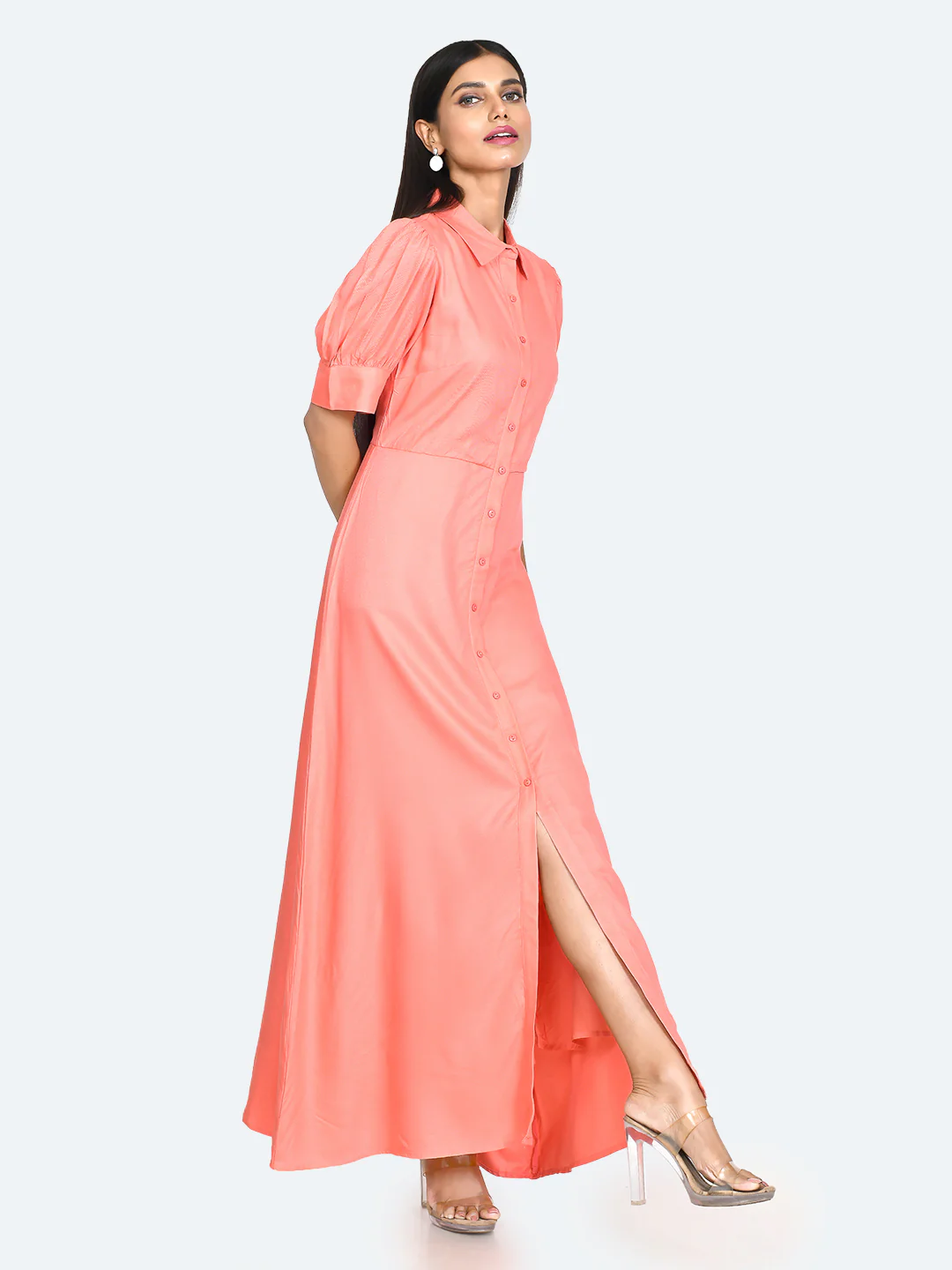 Coral Solid Buttoned Maxi Dress - Image 3