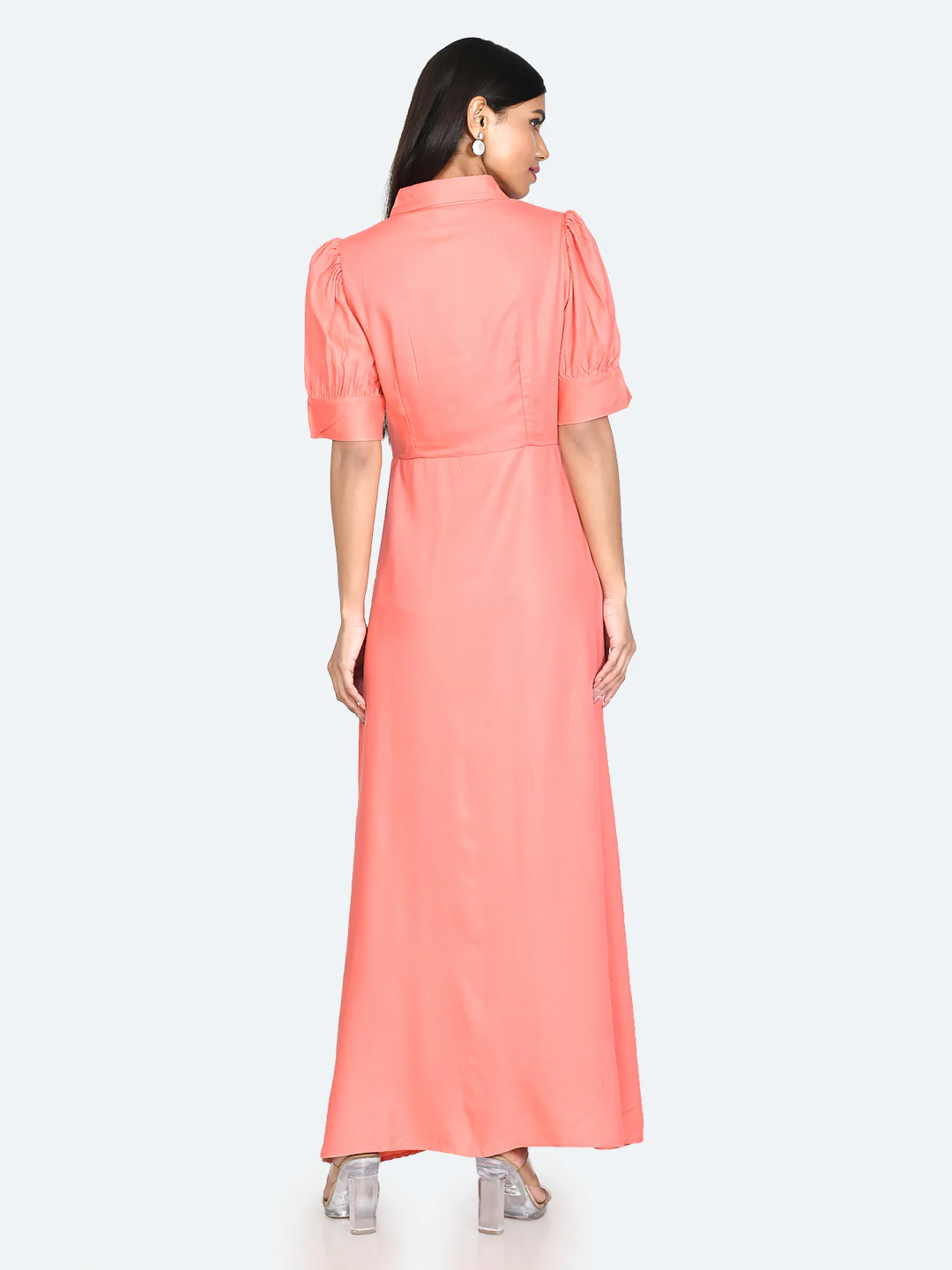 Coral Solid Buttoned Maxi Dress - Image 4