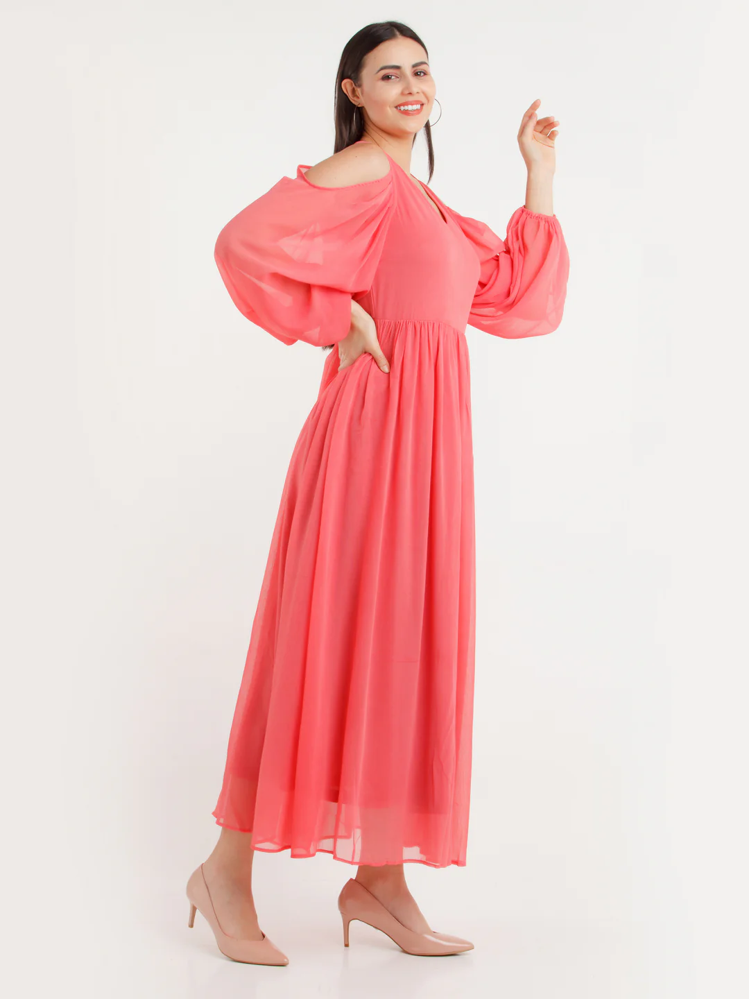 Coral Solid Maxi Dress - Image 3