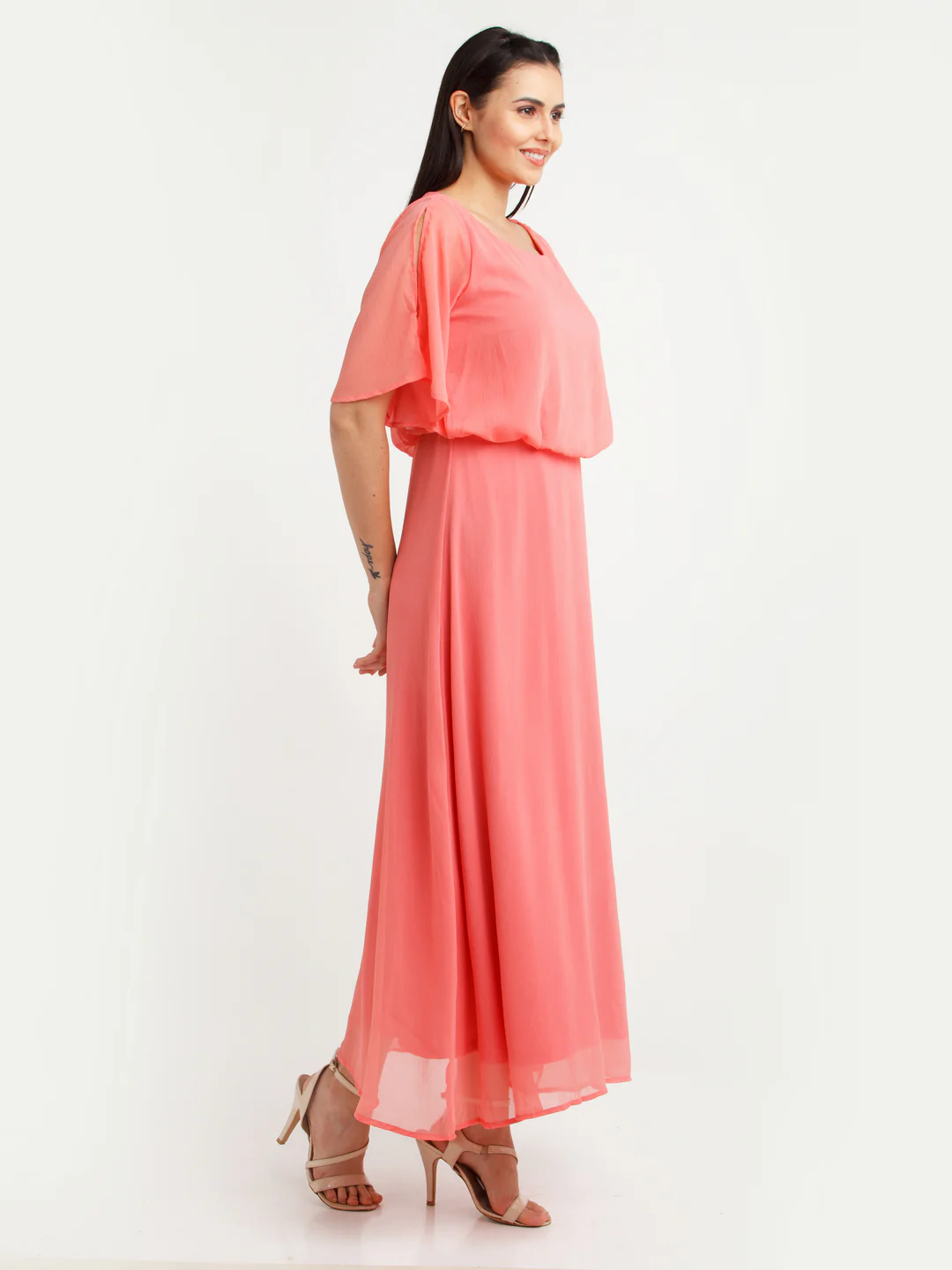 Coral Solid Maxi Dress - Image 3
