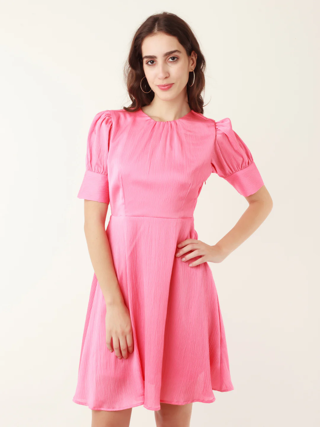 Coral Solid Puff Sleeve Short Dress - Image 2