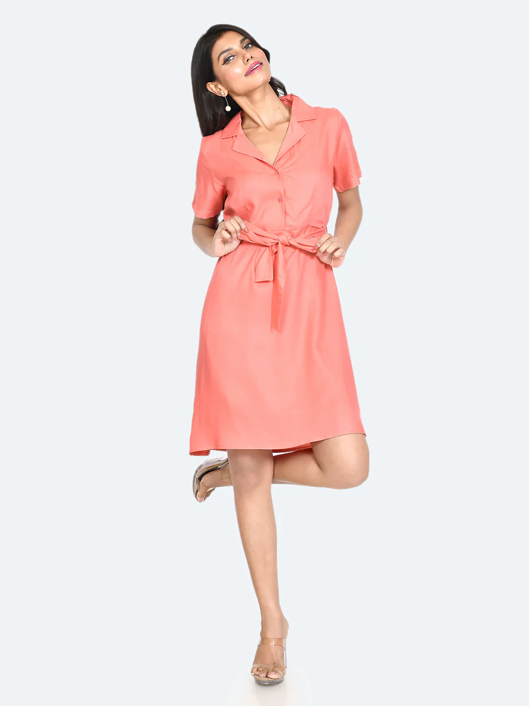 Coral Solid Shirt Dress - Image 7