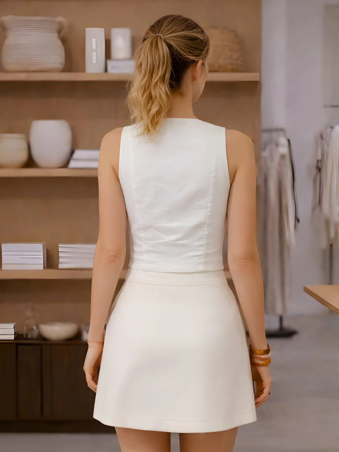 Off White Solid Sleeveless Co-ord Set - Image 4