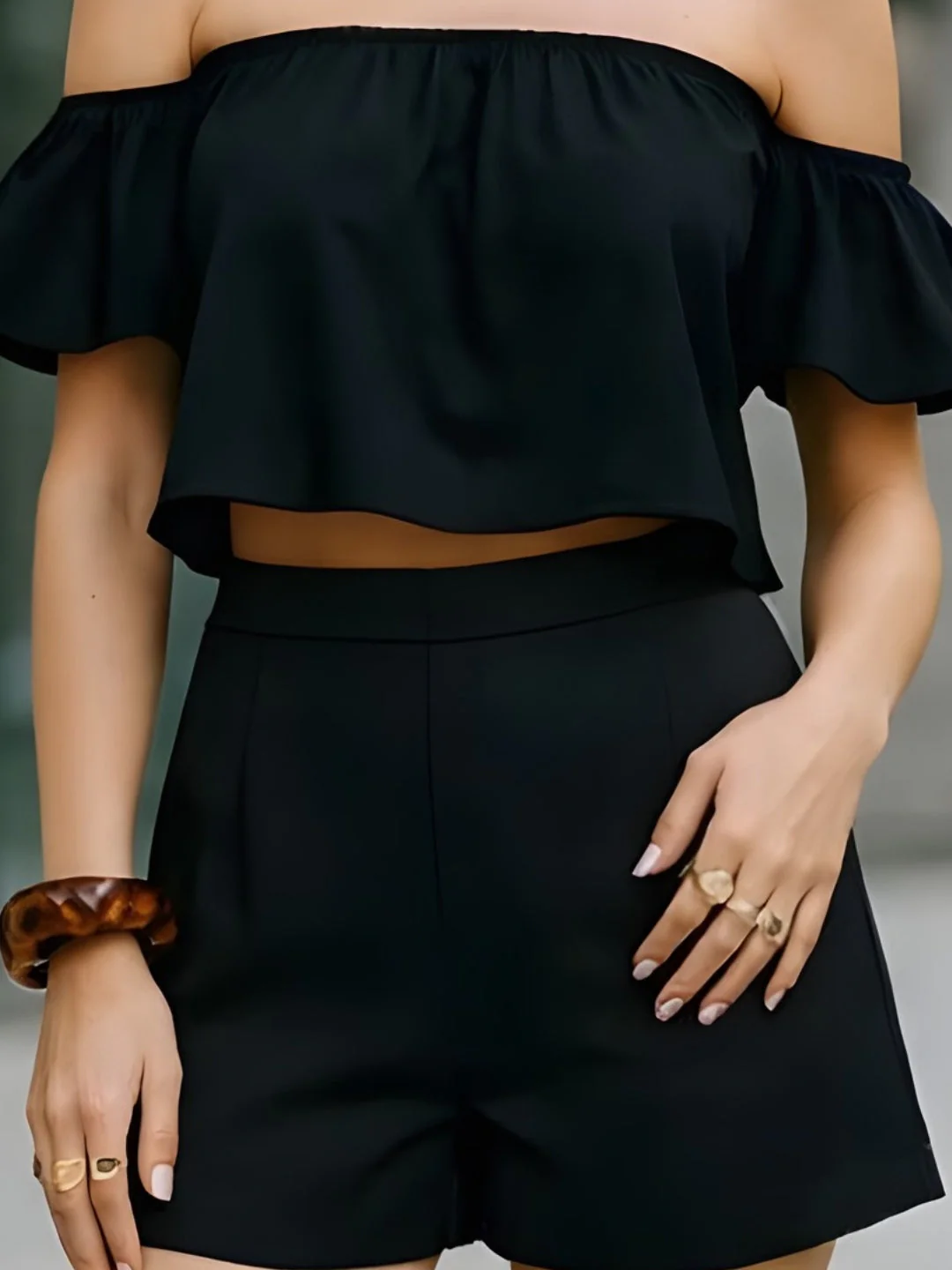 Black Solid Off-Shoulder Co-ord Set - Image 5